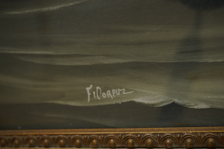 F. Corpuz (19th/20th. C), Study of a steamship at sea, signed and dated 1910, inscribed 'Antwerp', gouache, 41 x 66cm